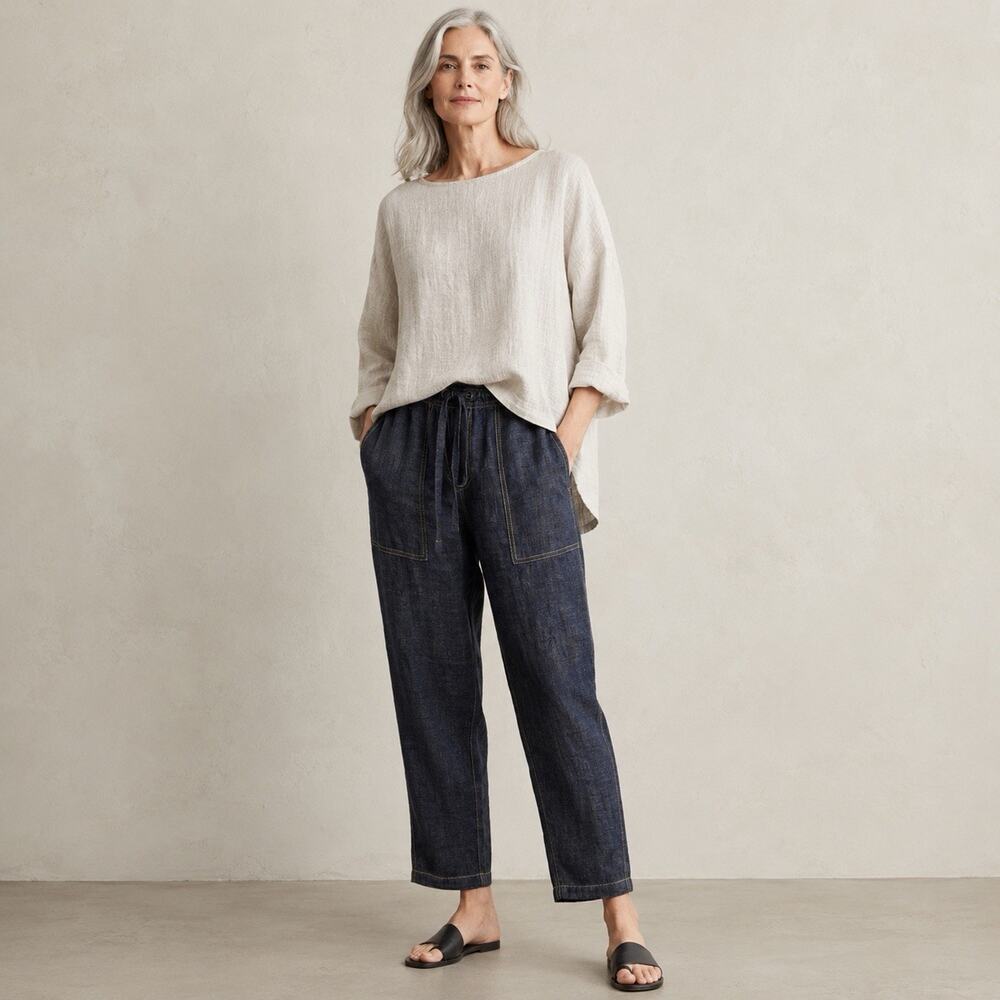 Eileen Fisher 100% Linen Denim Print Tapered Relaxed Pant XS